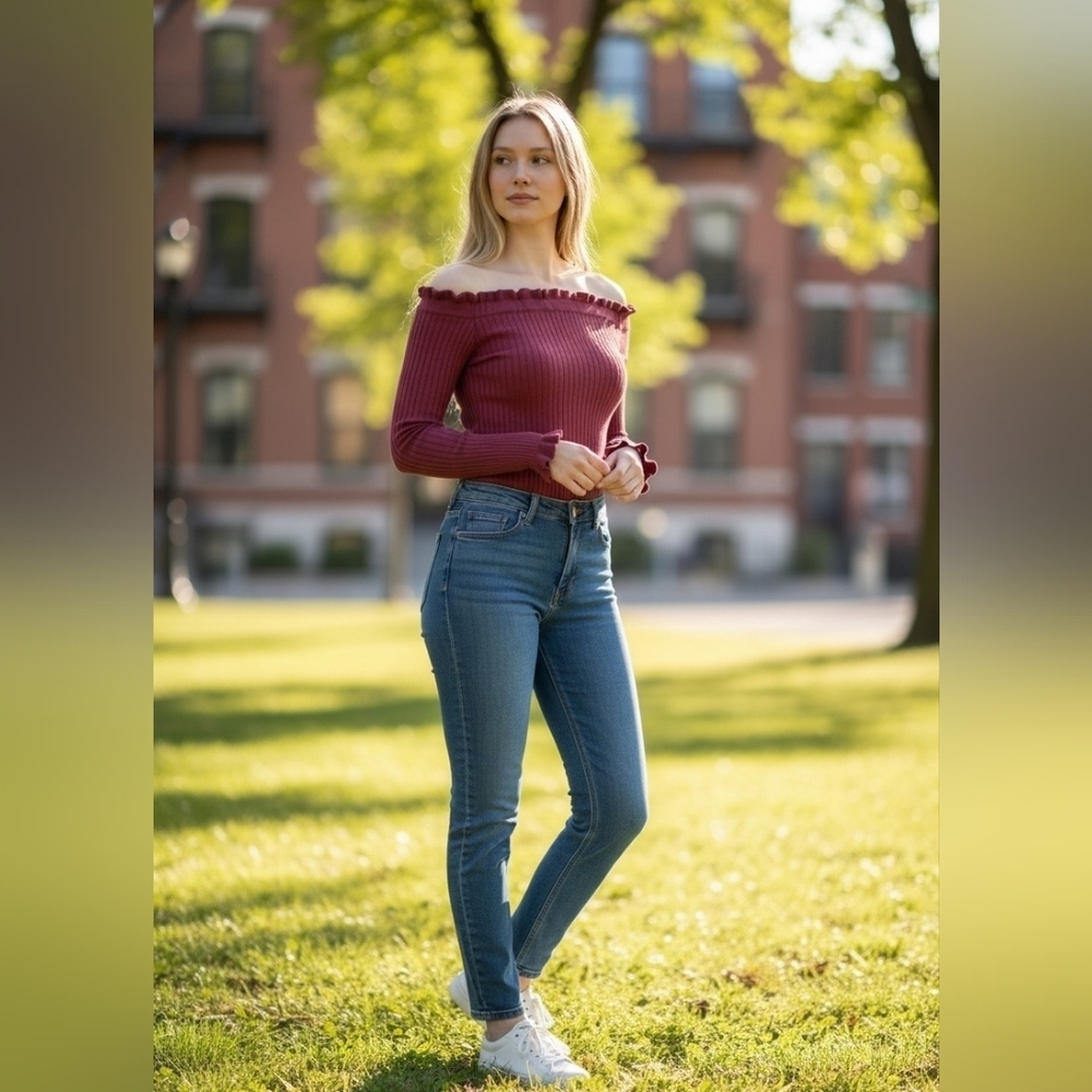 Ruffled Off-Shoulder Ribbed Top in Burgundy